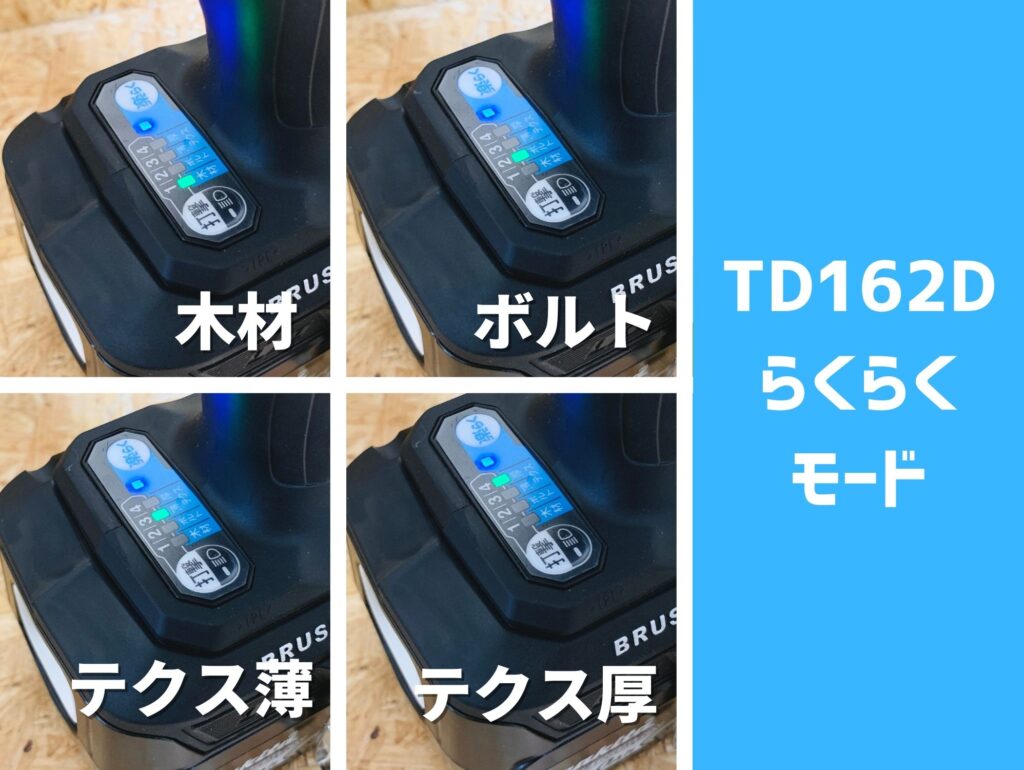 TD162Dは木材・ボルト・テクス(薄/厚)の4つの楽らくモードを搭載